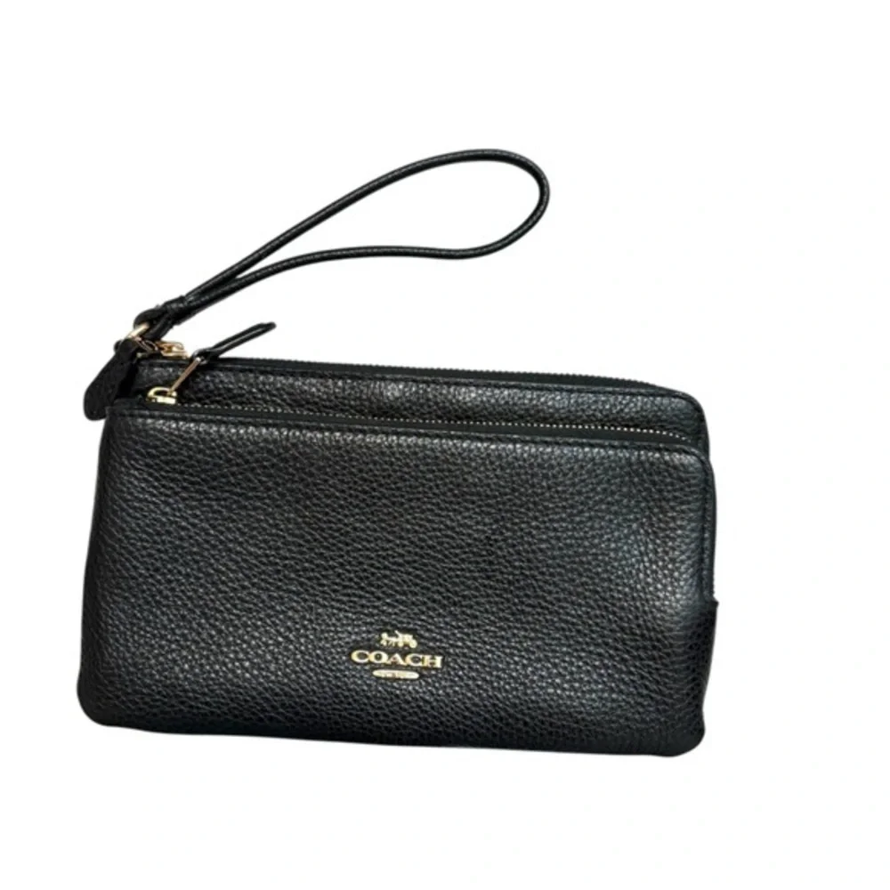 Coach black leather double pocket wristlet bag